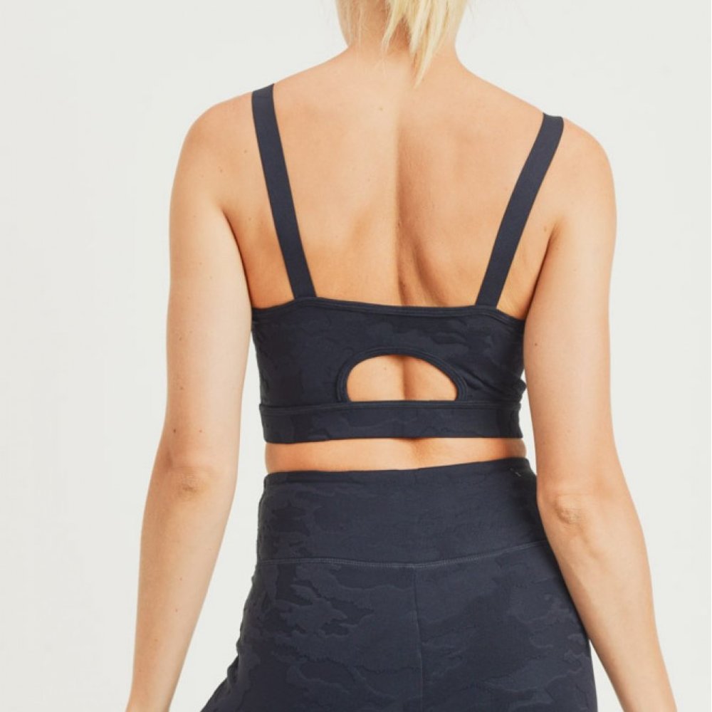 NWOT MONO B Black Textured Camo Jacquard TACTEL® Peekaboo Sports Bra